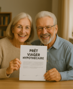 Illustration d’un couple de seniors profitant de leur maison, symbolisant le prêt viager hypothécaire comme solution de financement pour les retraités